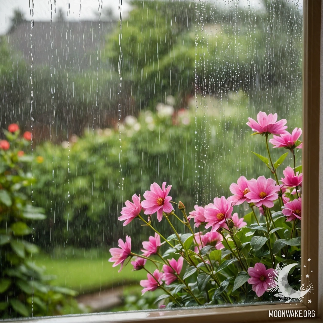 Крупный план цветочной занавески с окном на фоне цветущего сада, размытым под дождем.