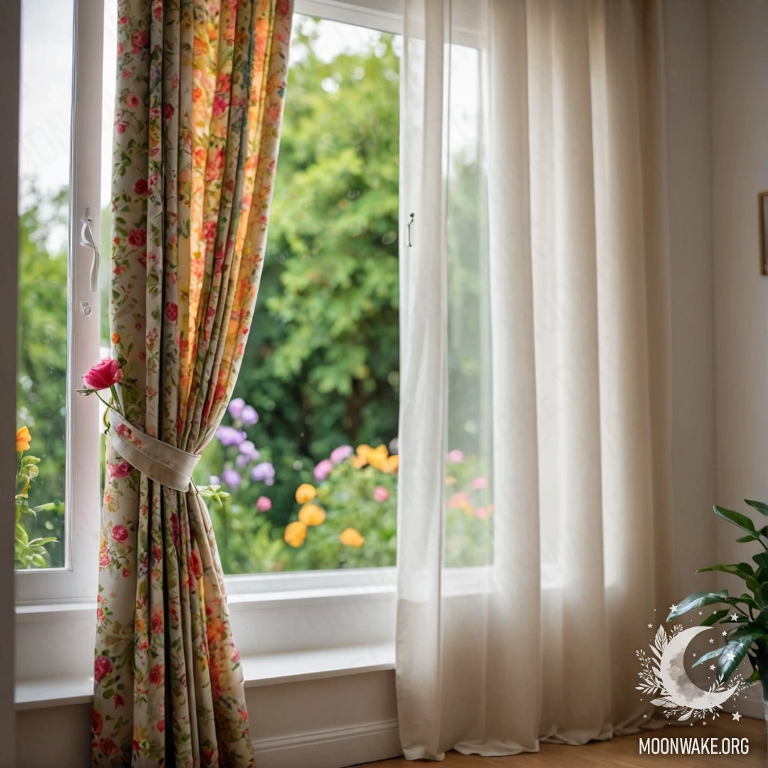 Крупный план цветной занавески с цветочным принтом, за окном расцветающий сад в размытом фоне с гирляндами света.