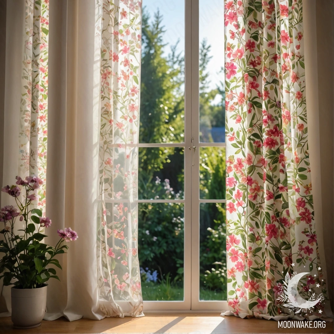 Крупным планом цветочная занавеска, за которой окно с видом на цветущий сад снаружи.