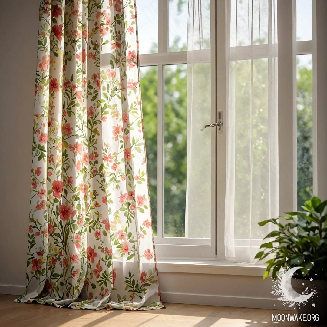 Крупный план цветочной занавески перед окном, за которым расцветает сад с расплывчатыми солнечными лучами на фоне.