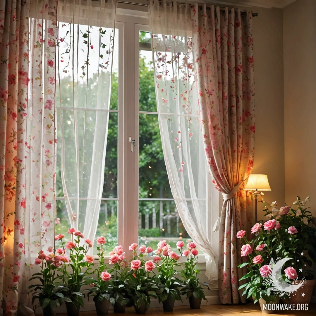 Крупный план занавески с цветочным принтом, за которой окно, открывающее вид на размытый цветущий сад с гирляндами света.