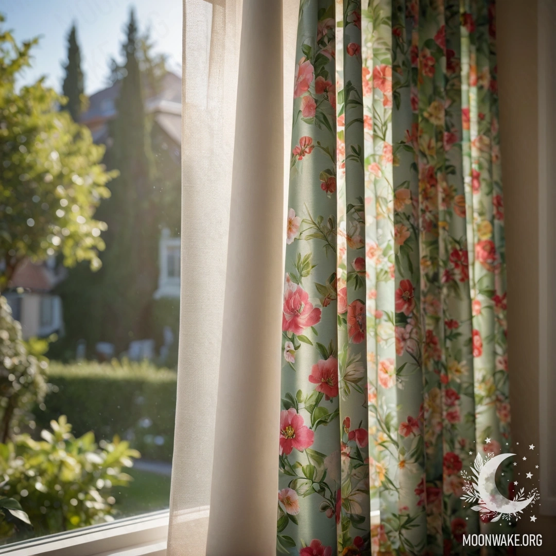 Ближайший план цветочной занавески с окном и размытым цветущим садом на фоне.