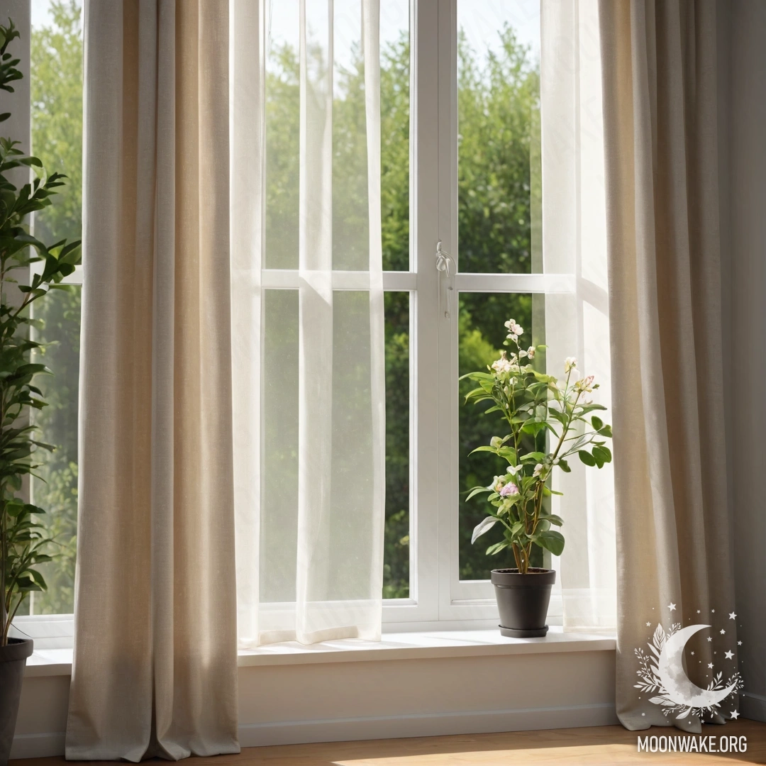 Крупный план цветной шторы с цветочным принтом, за ней окно, показывающее распустившийся сад в мягком фокусе.