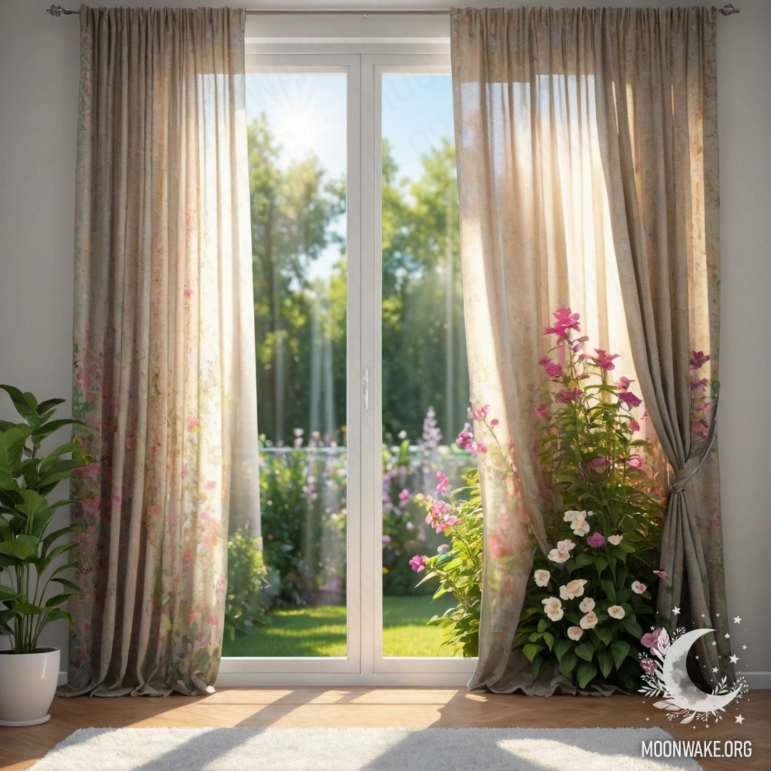Крупный план цветной занавески с окном и цветущим садом за окном, освещенным солнечными лучами.