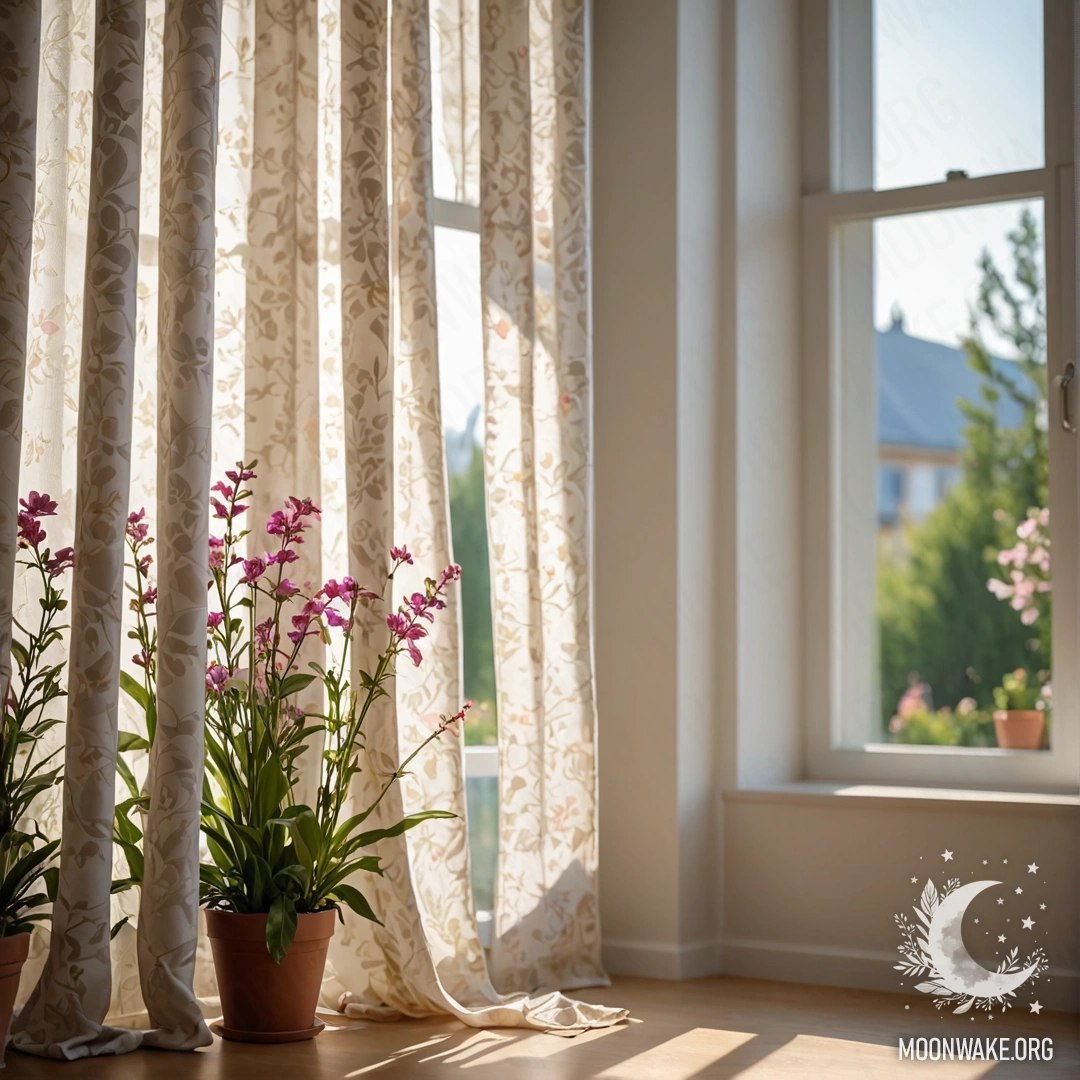 Крупный план цветочной занавески с окном за ней, через которое виден цветущий сад.