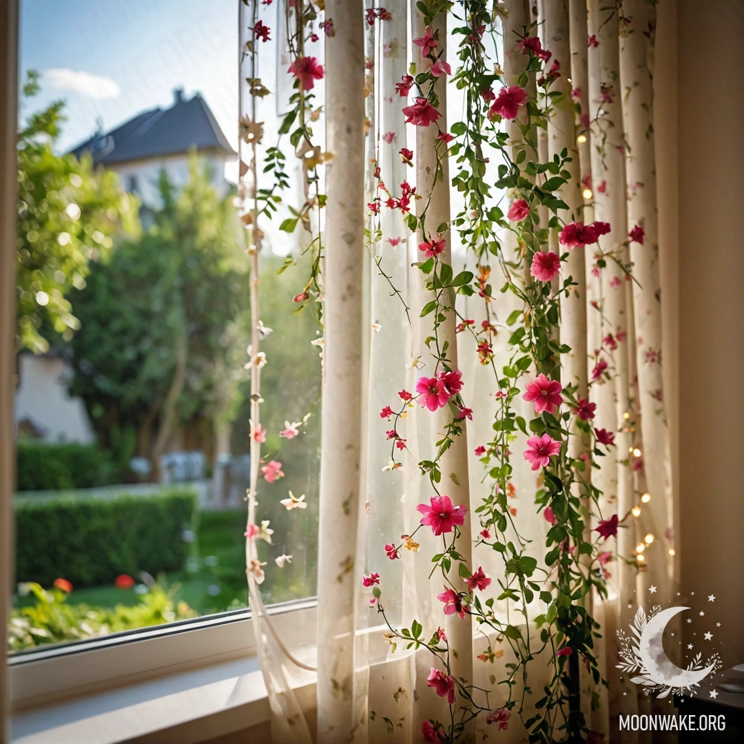 Крупный план цветочной занавески с окном и цветущим садом снаружи, освещённым гирляндой огней.
