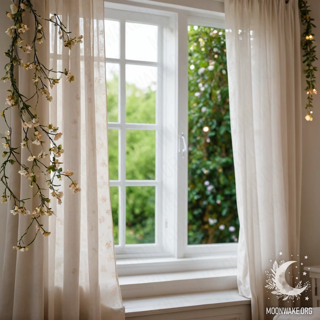 Крупный план завесы с цветочным рисунком и видом на сад на заднем плане.