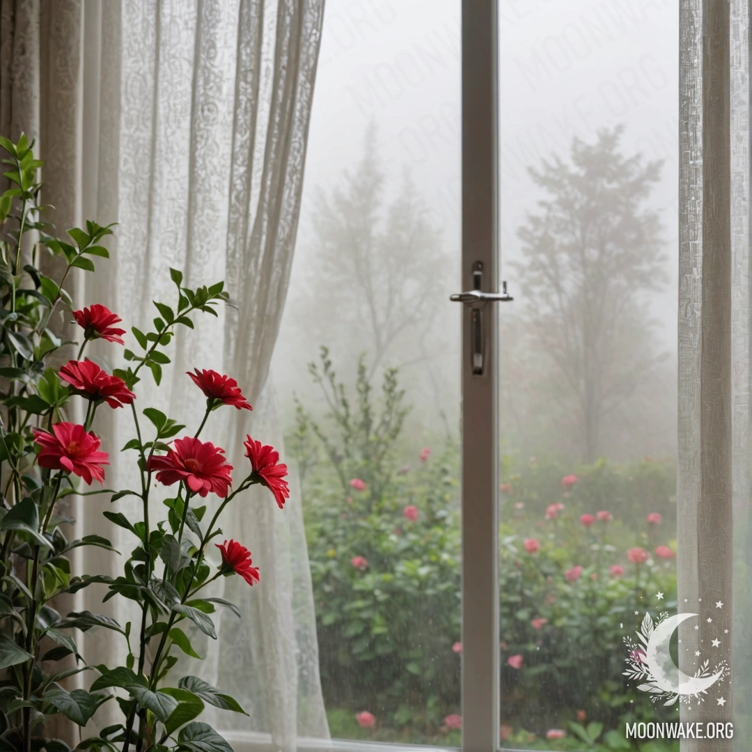 Крупный план цветного занавеса с окном за ним, через которое виден цветущий сад в мягком размытом фокусе.