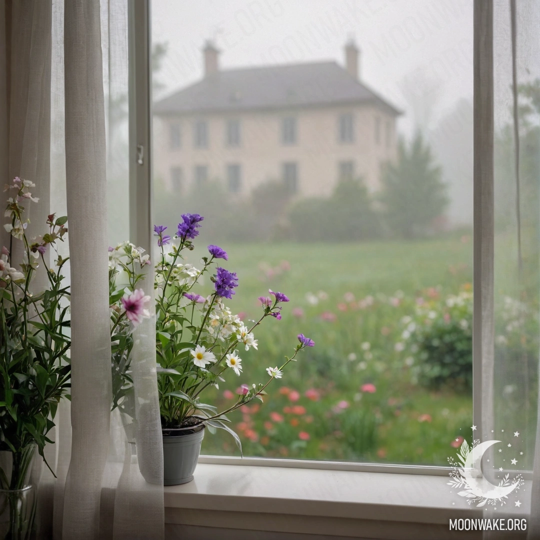 Крупный план занавески с цветочным принтом на фоне размывшегося окна и цветущего сада снаружи, окутанного густым туманом.