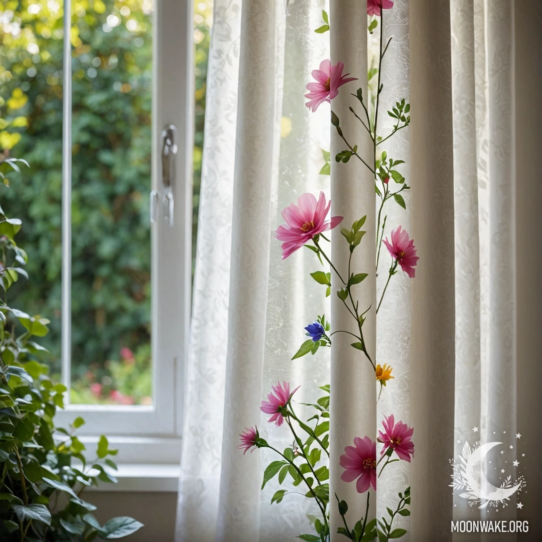 Крупный план занавески с цветочным принтом, за окном цветущий сад в мягком боке.