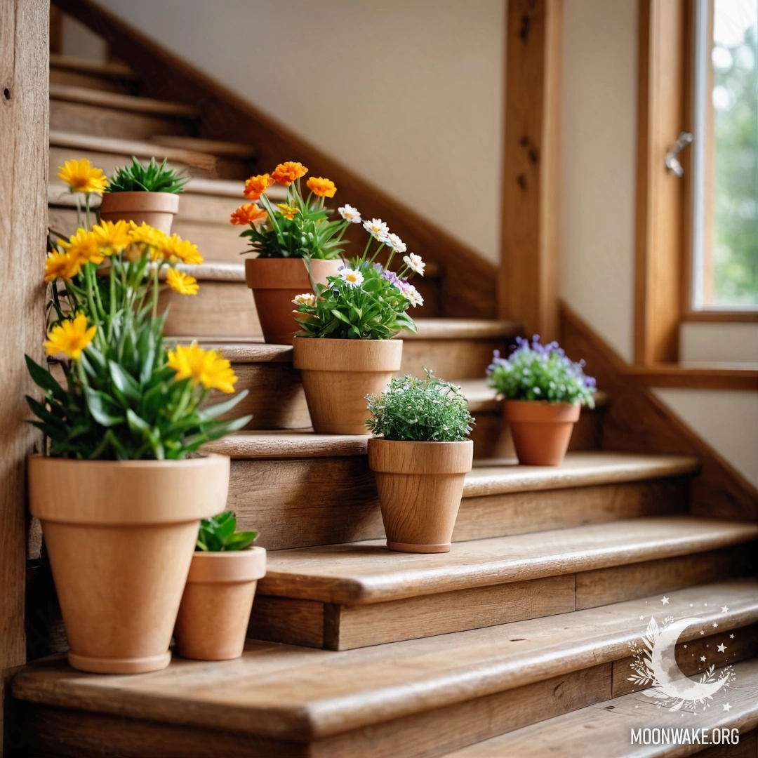 Деревянная лестница, украшенная цветочными горшками и линзами, изображающими абстрактную сцену.