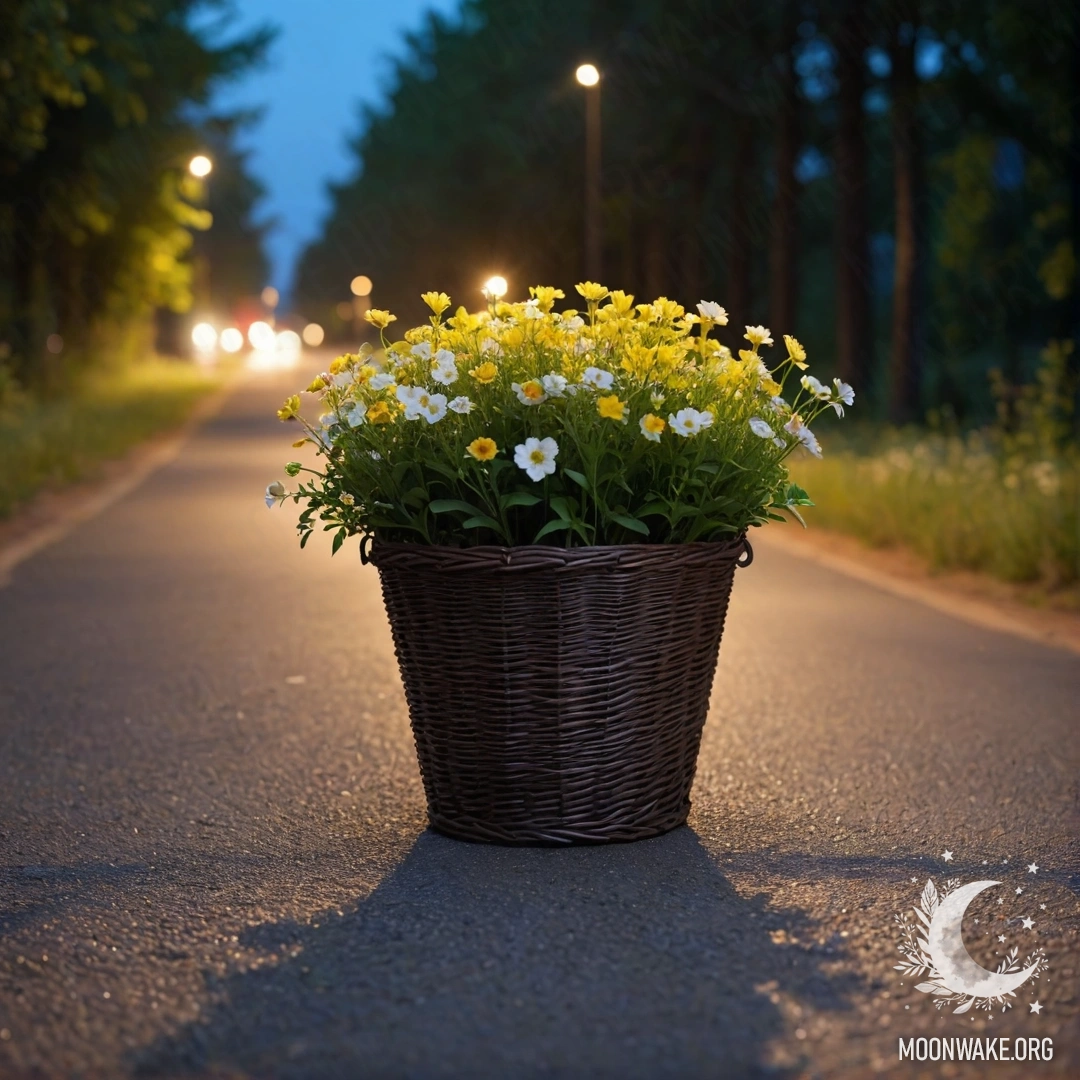 Корзина с цветами на dirt-дороге, размытые деревья на фоне ночью.