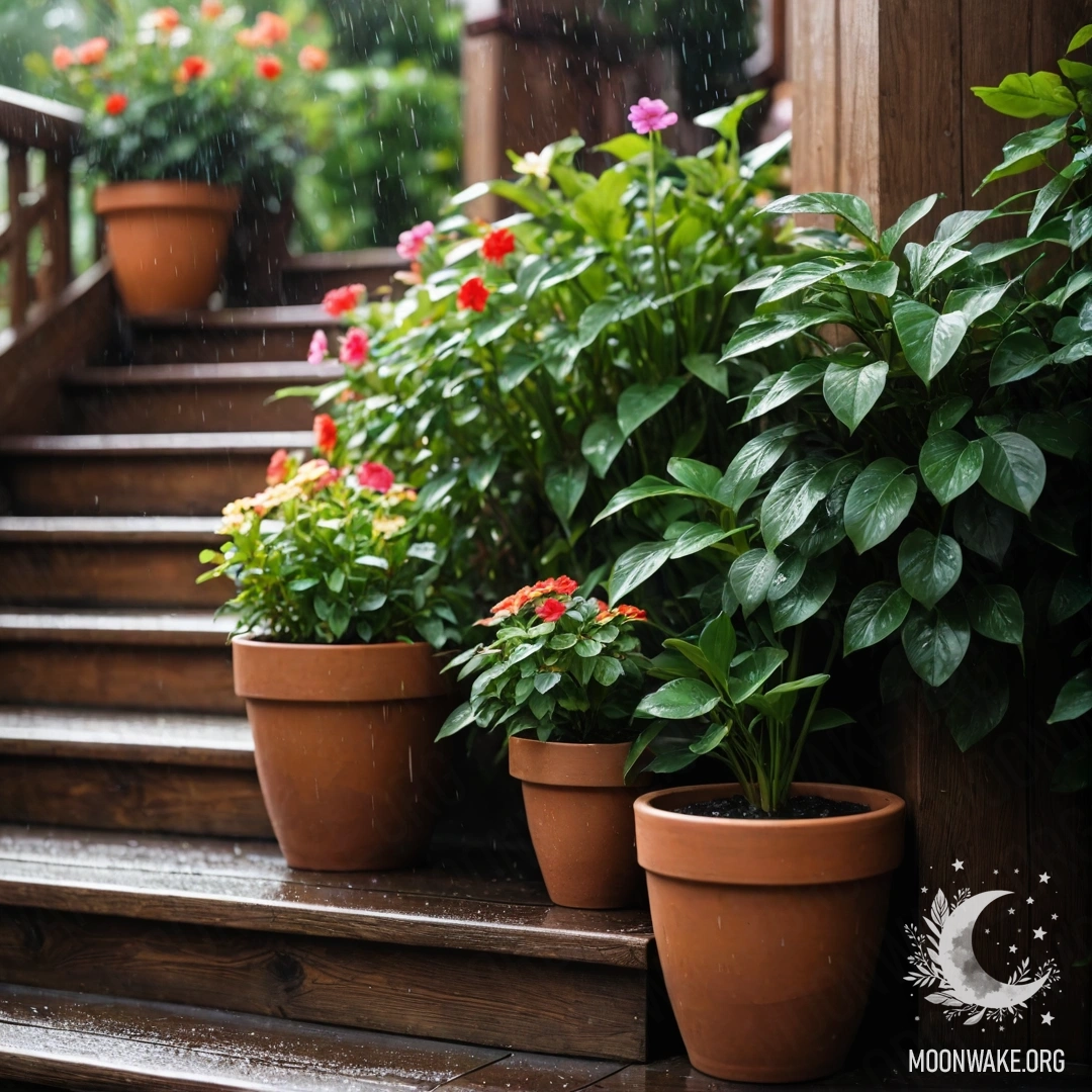 Деревянная лестница с цветочными горшками под падающим дождём.