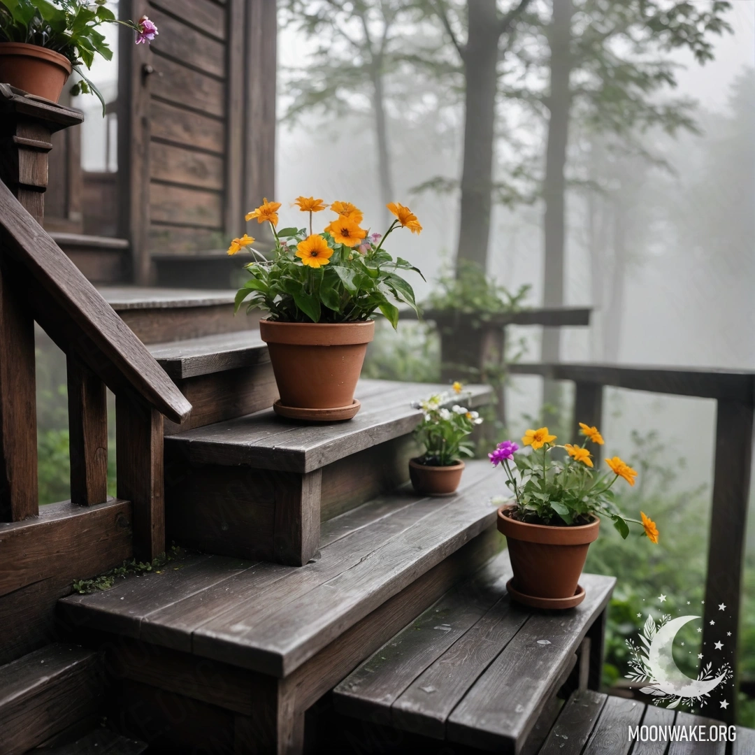 Деревянная лестница, украшенная цветочными горшками, окутанная густым туманом.