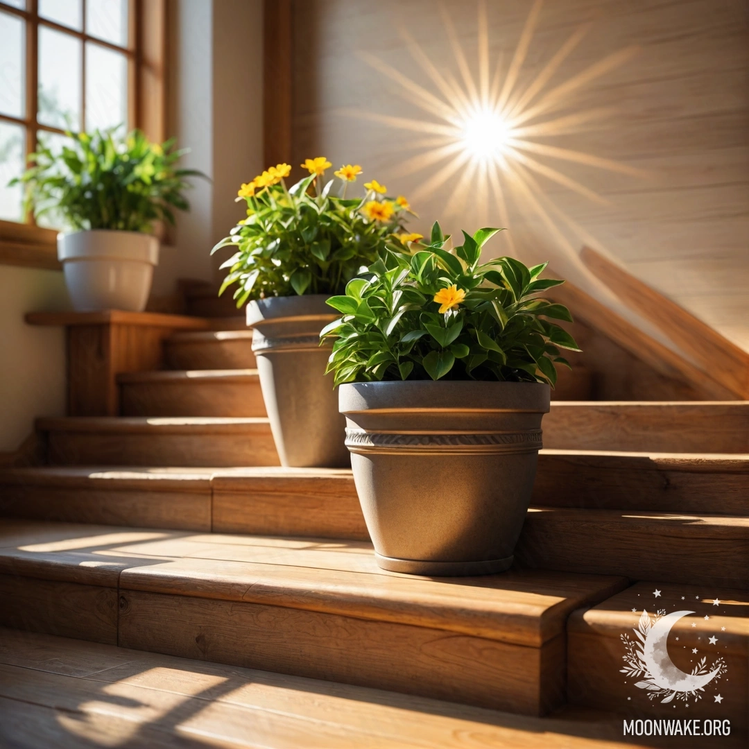 Деревянная лестница, украшенная цветочными горшками, омываемая солнечными лучами.