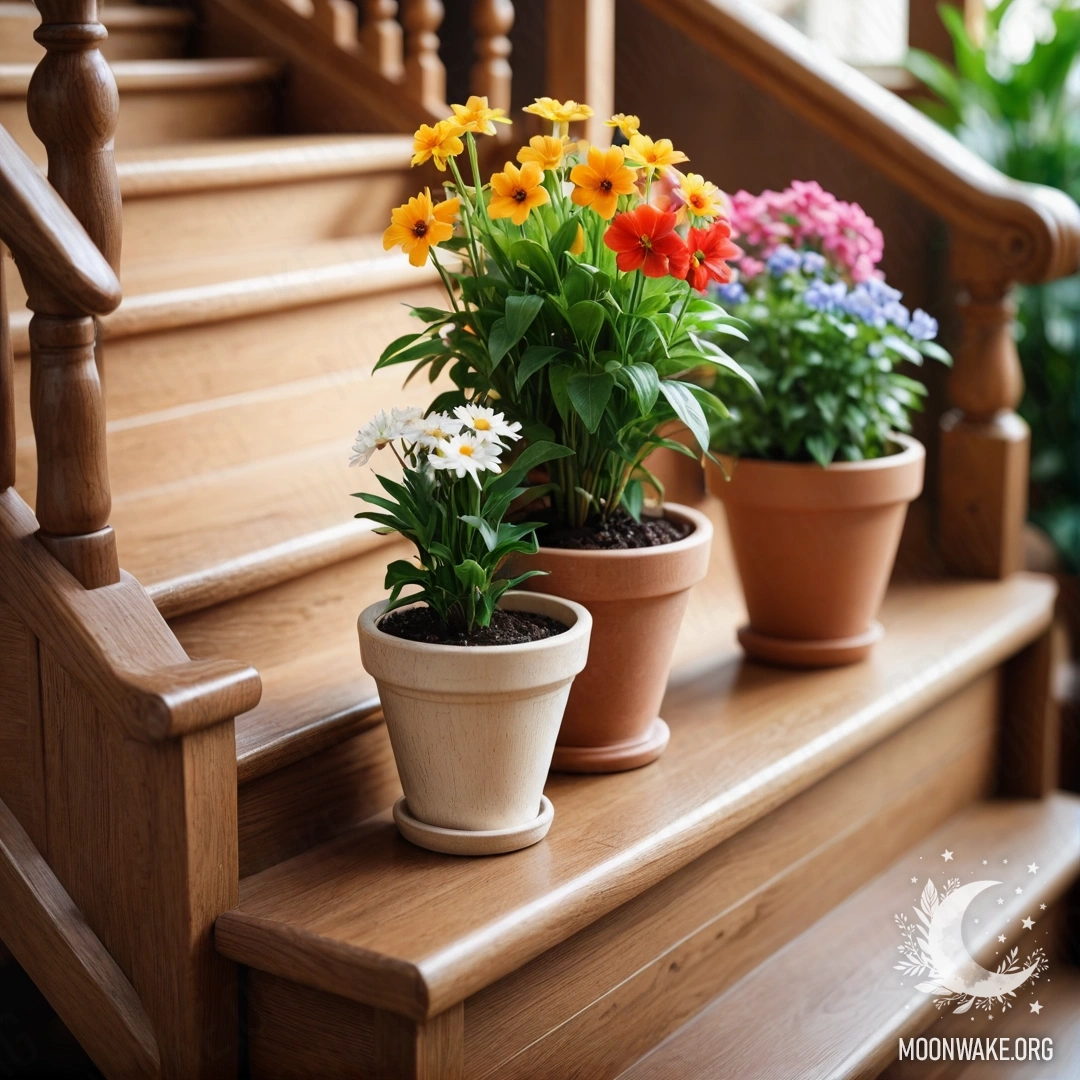 Деревянная лестница, украшенная цветочными горшками с линзами.
