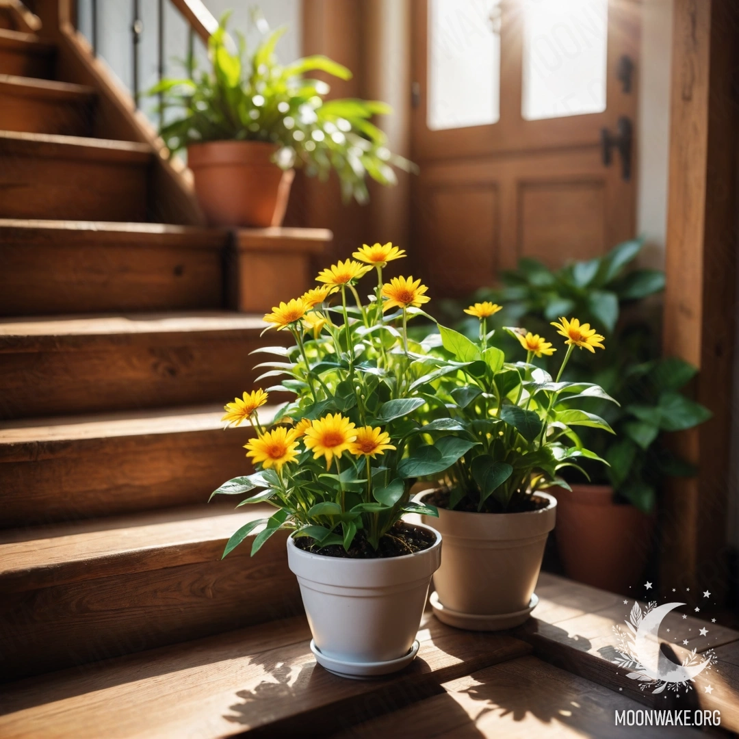 Деревянная лестница, украшенная цветочными горшками, залитыми солнечным светом.