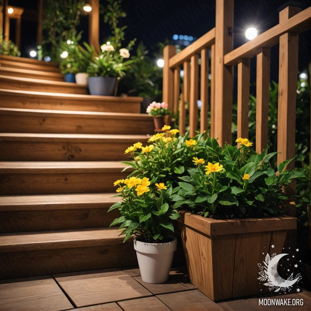 Деревянная лестница, украшенная цветочными горшками, освещенная ночью.