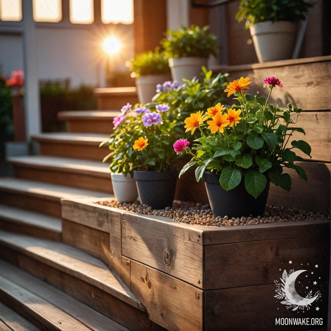 Деревянная лестница, украшенная цветочными горшками, освещенная закатом.