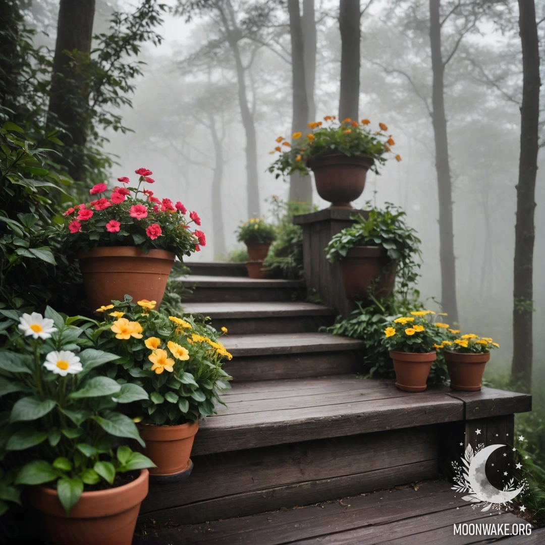 Деревянная лестница, украшенная цветочными горшками, окутанная густым туманом.