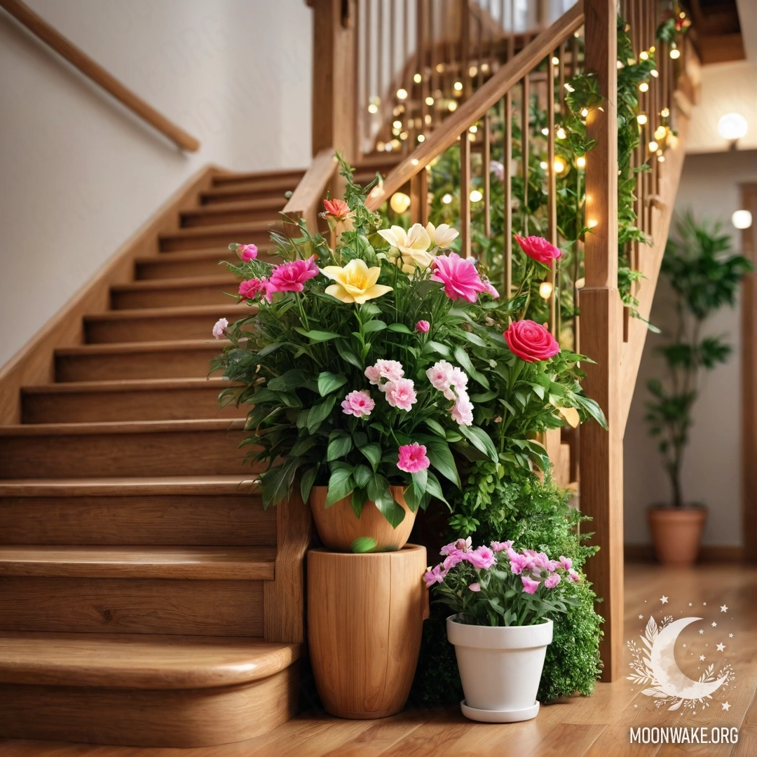 Деревянная лестница, украшенная цветочными горшками и гирляндами.
