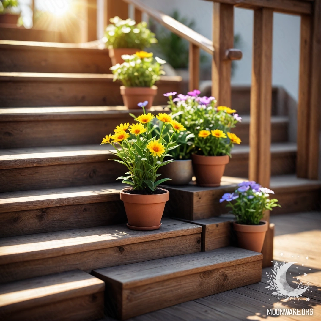 Деревянная лестница, украшенная цветочными горшками, омытыми солнечными лучами.