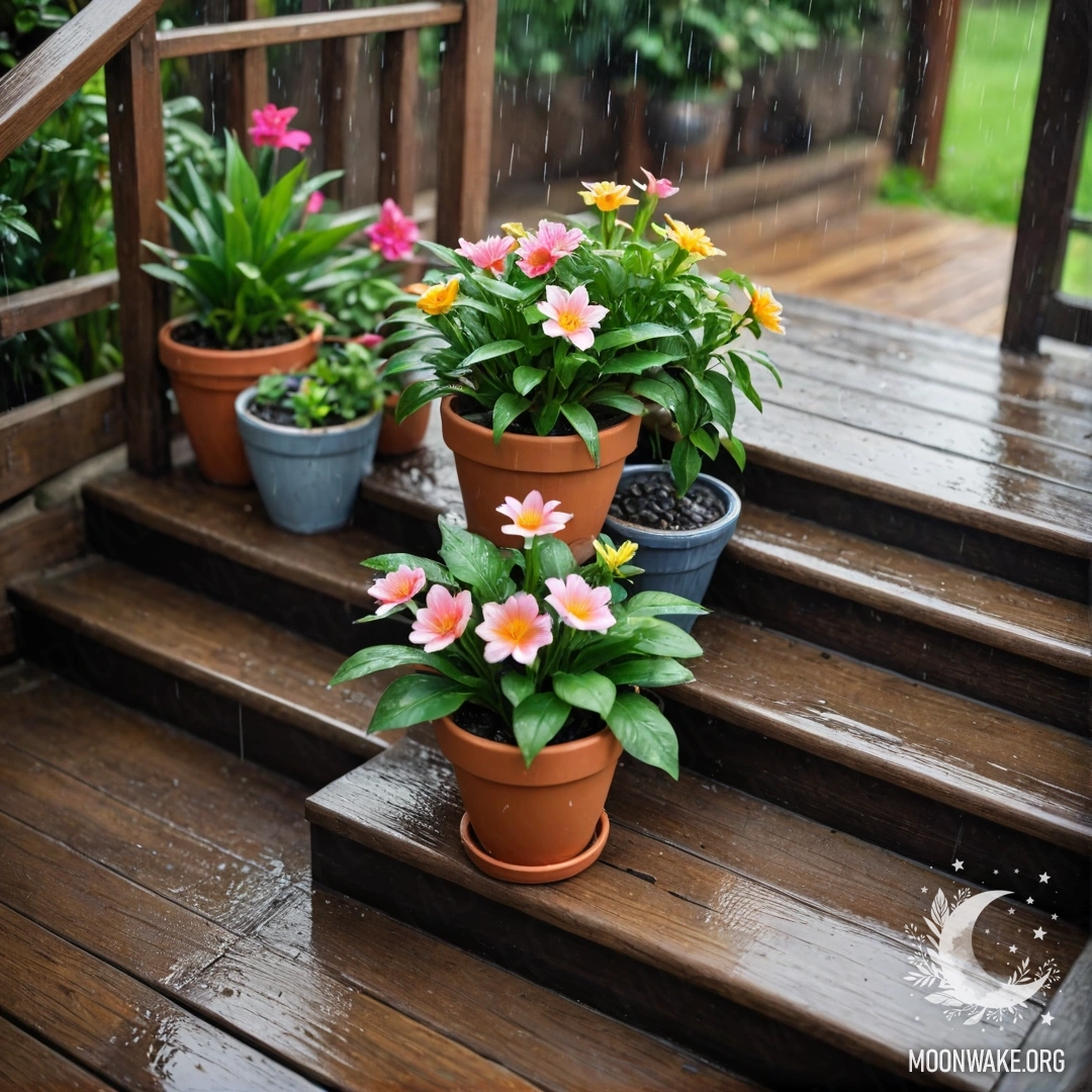 Деревянная лестница, украшенная цветочными горшками под нежным дождем.