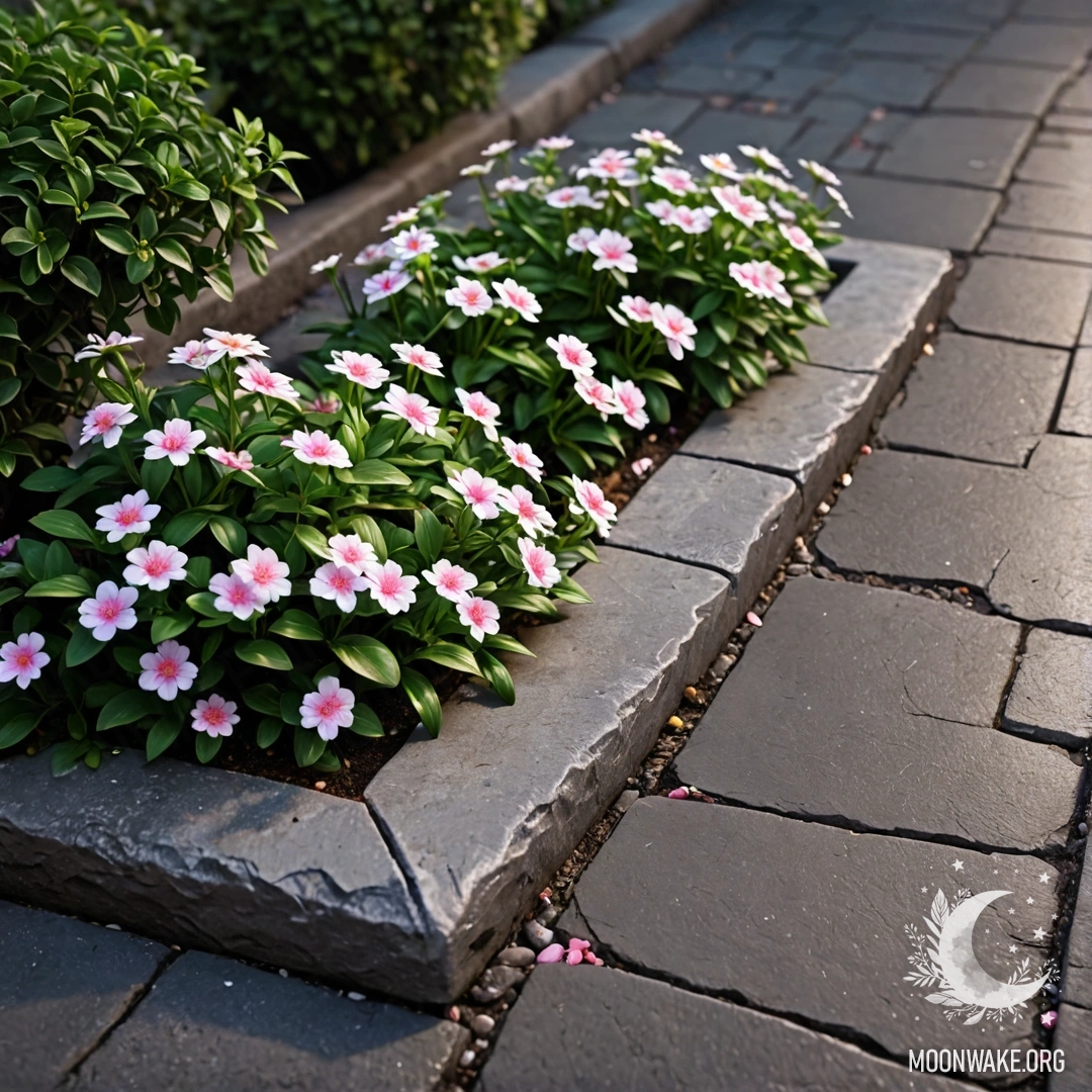 Старый каменный бордюр с маленькими белыми и розовыми цветами, растущими за ним ночью.