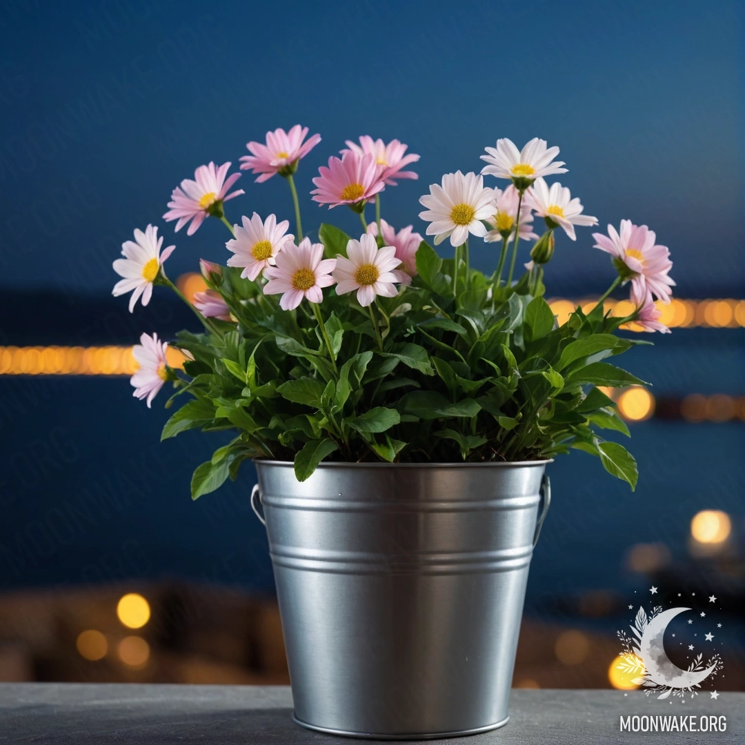 Металлический горшок в форме маленького ведерка с красивыми цветами на размытом фоне моря ночью.