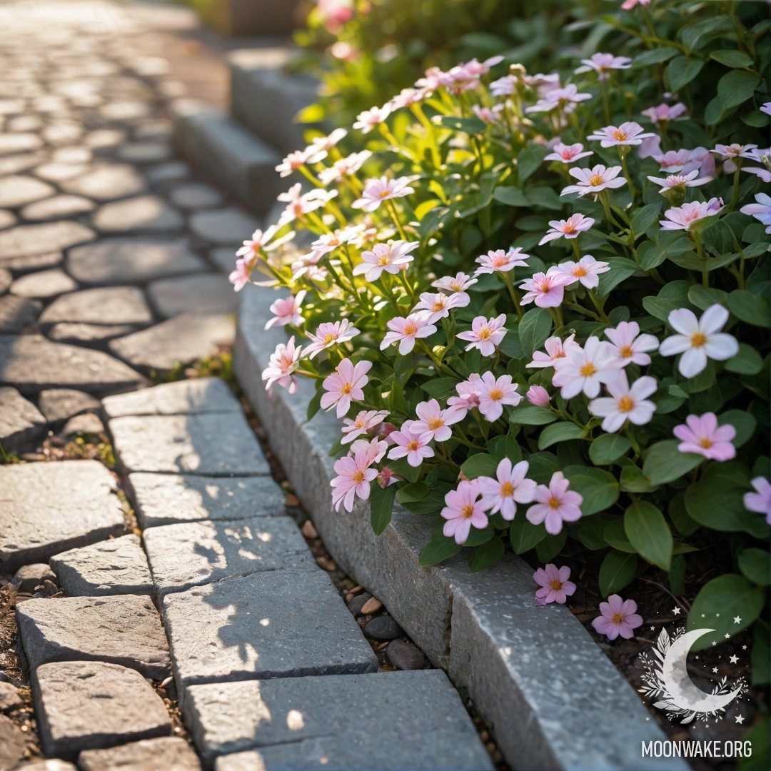 Старый каменный бордюр с небольшими белыми и розовыми цветами, растущими за ним, освещённый солнечными лучами.