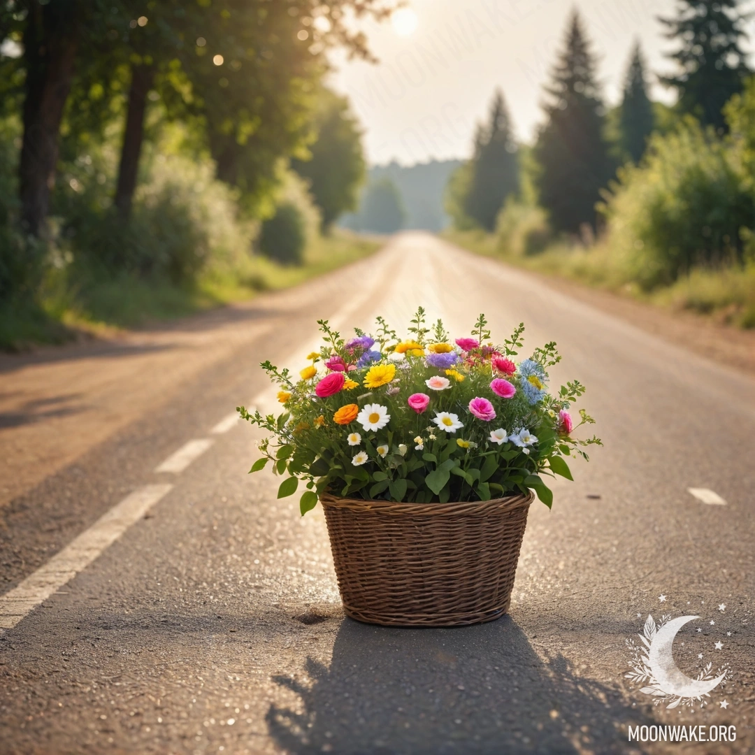 Корзина цветов на грунтовой дороге с мягким боке деревьев, украшенных гирляндами света.