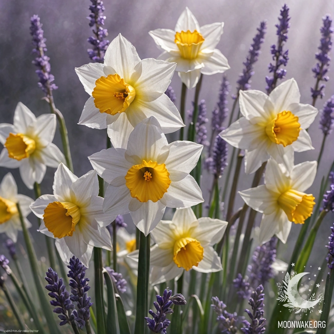 Букет лавандовых лилий, окруженный туманом и солнечными лучами.