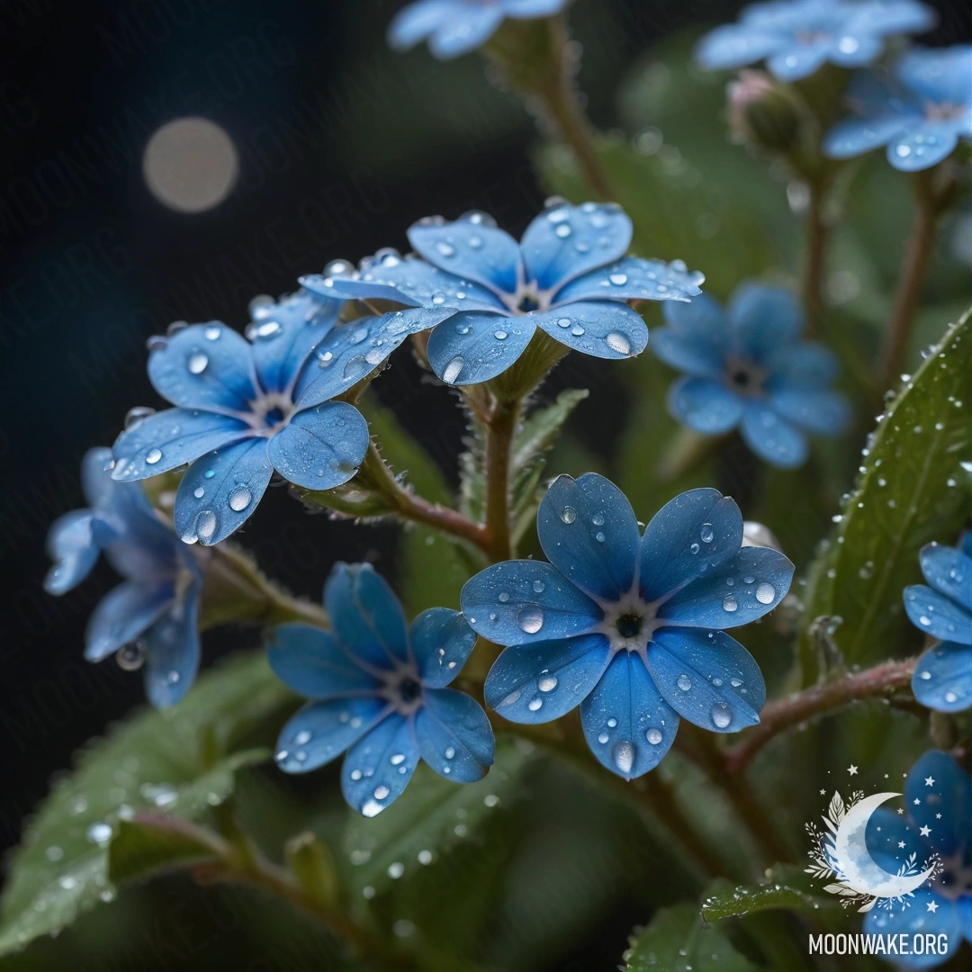 Крупный план нежных незабудок с каплями росы ночью, с добавлением стразов.