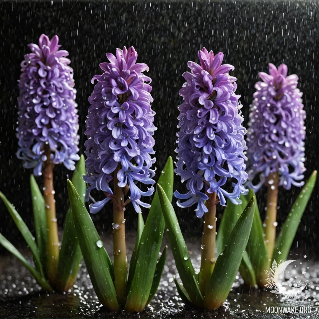 Спокойная композиция с голубыми незабудками в окружении тумана и капель дождя, освещенных желтым закатом.