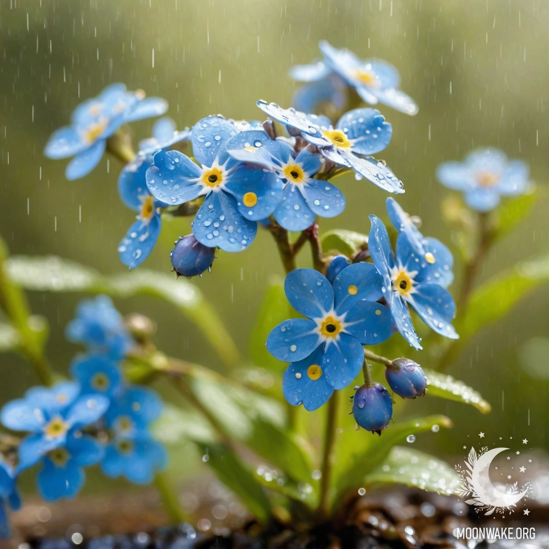 Спокойная сцена незабудок, окруженных туманом и дождем, освещенных солнечными лучами и украшенных стразами.