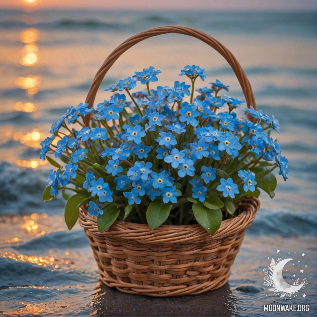 Корзина, полная красивых незабудок под дождем на закате.