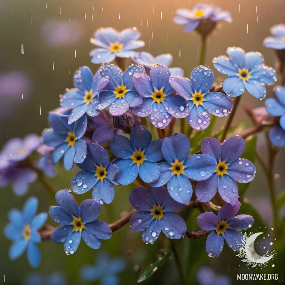Красивый пейзаж с фиолетовыми незабудками под дождем на закате, украшенными стразами.