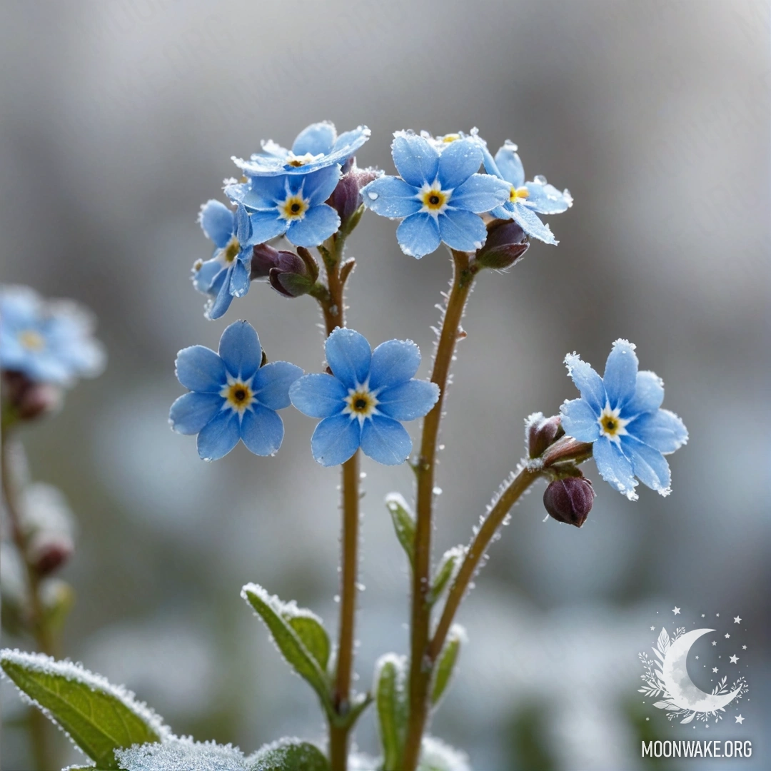 Спокойная композиция с забытыми цветами, окружёнными морозными узорами теплого небесно-голубого цвета.