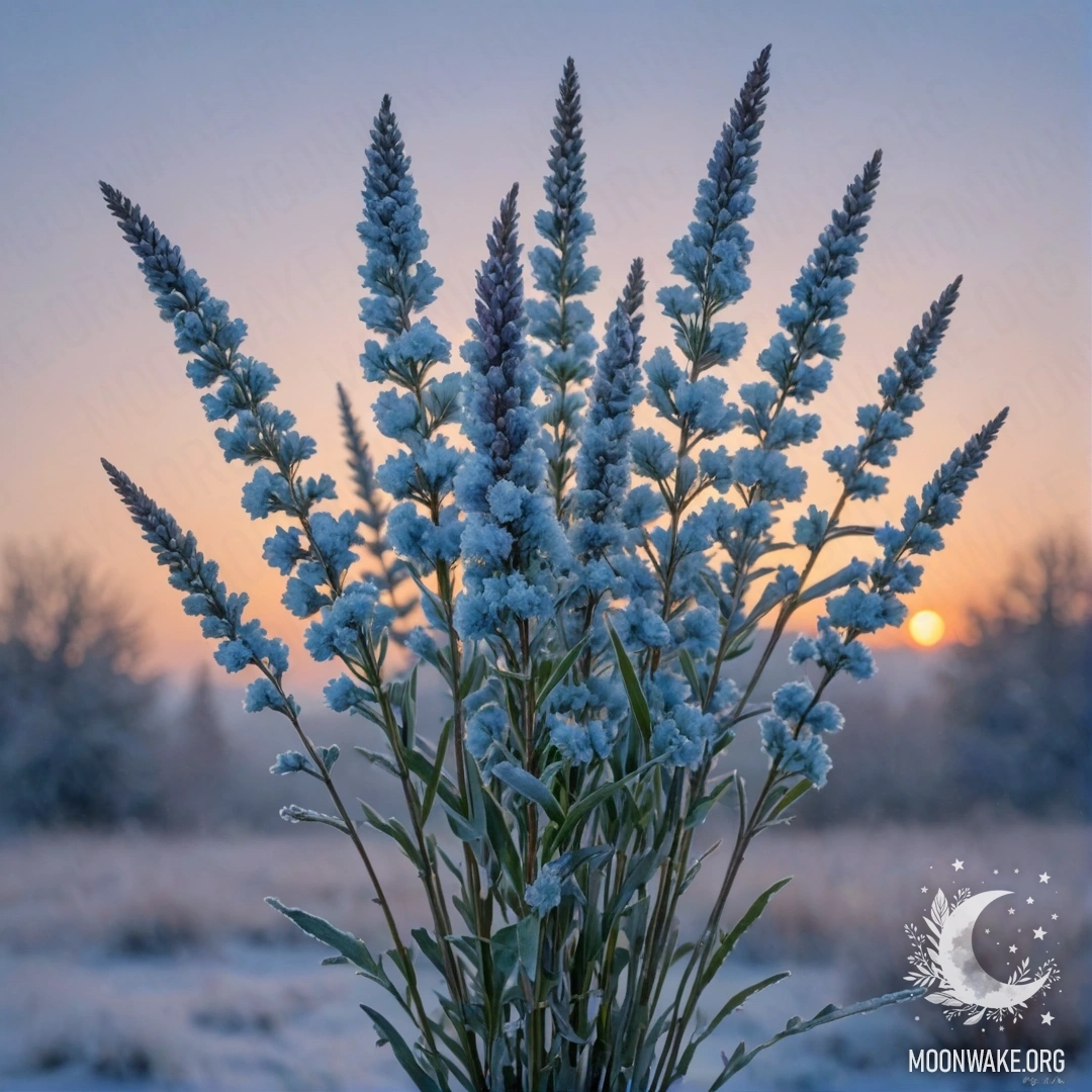 Букет вереска в инею на фоне закатного неба голубого цвета.