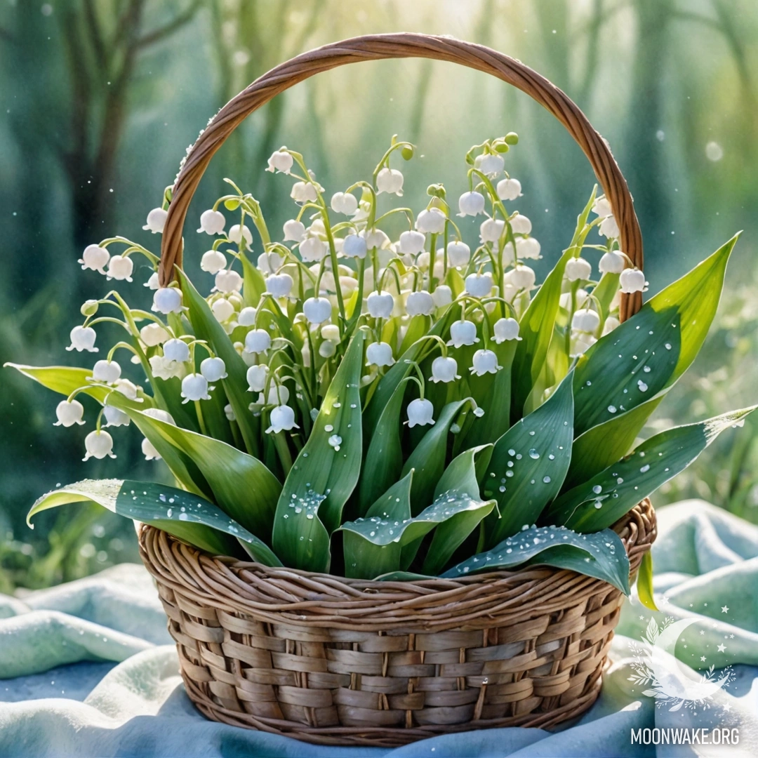 Корзина с ландышами, покрытыми инеем, на фоне солнечных лучей.