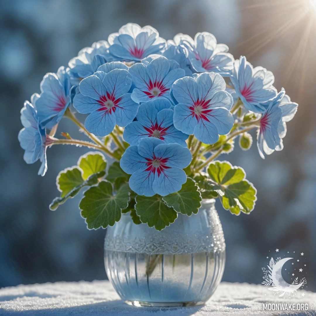 Красивый герань в морозе, освещенный солнечными лучами в голубой вазе.