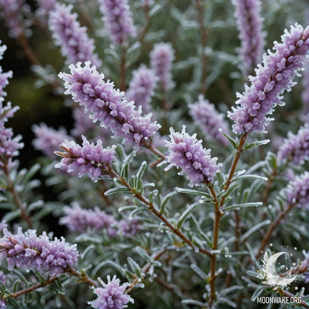 Нежная сцена с милым вереском, покрытым морозом в ночное время, украшенным лаймовыми узорами.