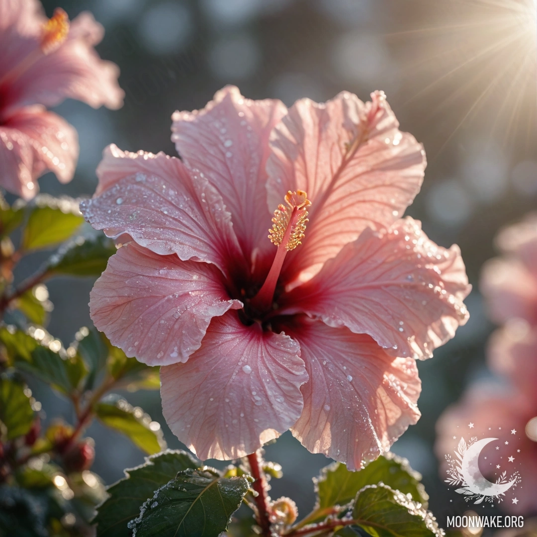 Розовый цветок гибискуса, покрытый инеем, освещённый солнечными лучами, с блестками, отражающими свет.