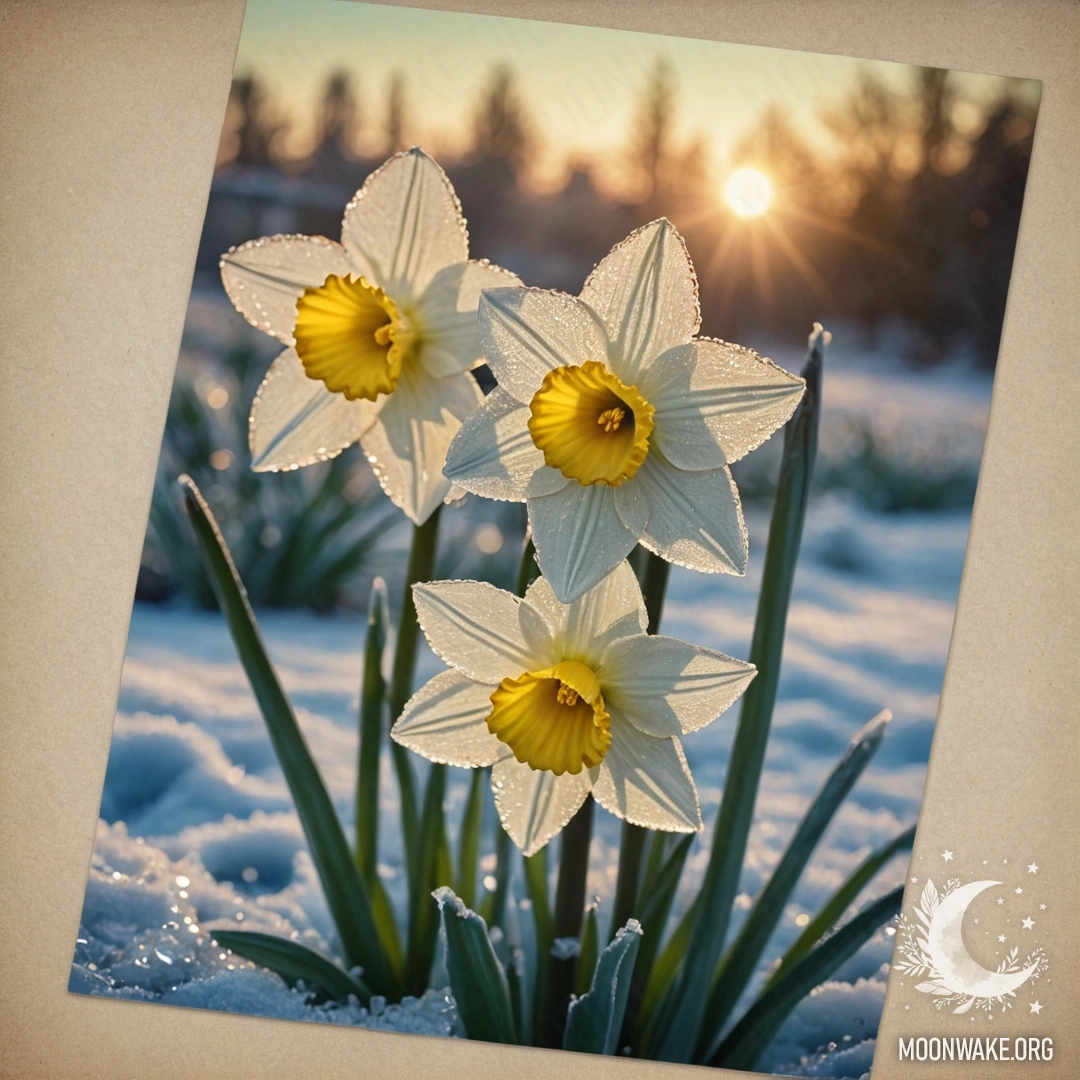 Красивый нарцисс, покрытый инеем, сверкающий на закате и украшенный лимонными стразами.