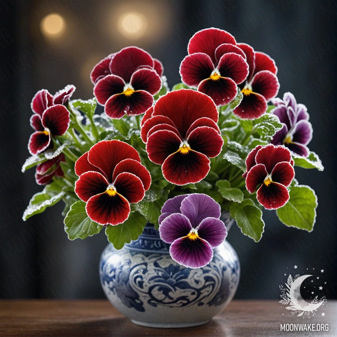 Красивая ваза с красными фиалками, покрытыми морозом ночью.