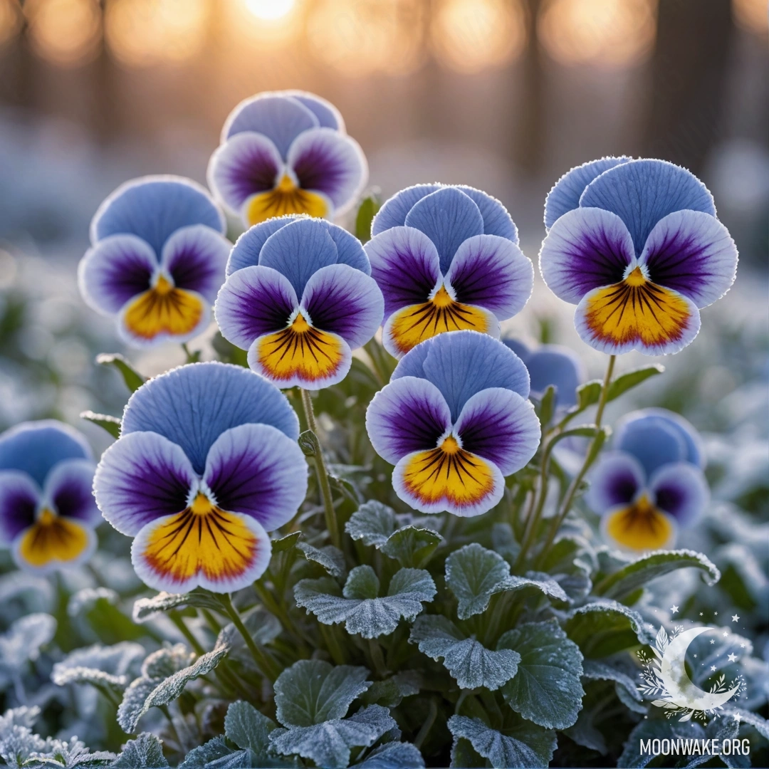 Красивые синие анютины глазки, окруженные инеем на закате.