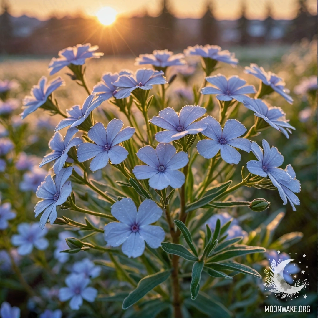 Спокойные цветы флокса, покрытые инеем, на закате