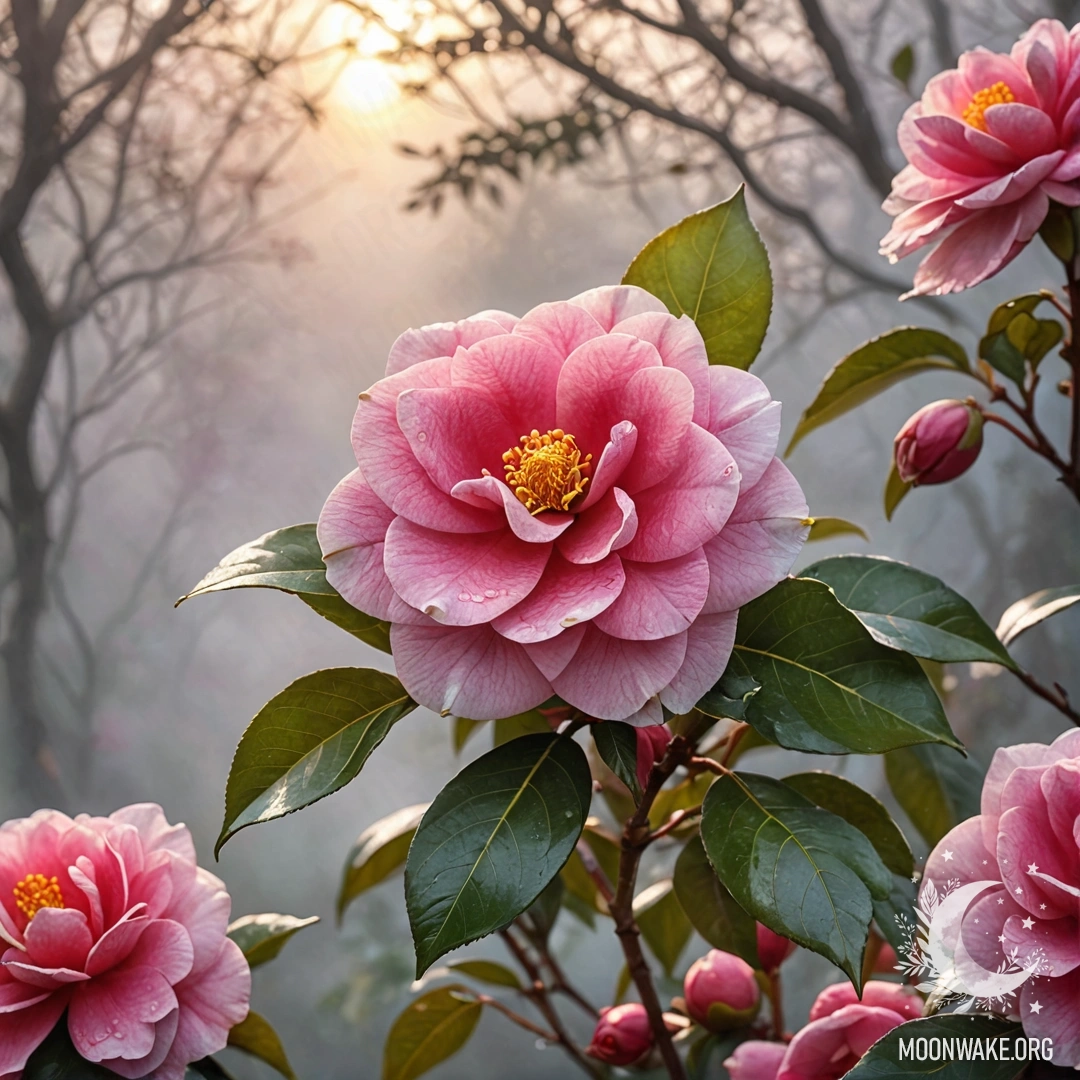 Яркий фуксиевый букет камелий, окутанный мягким туманом и солнечными лучами.