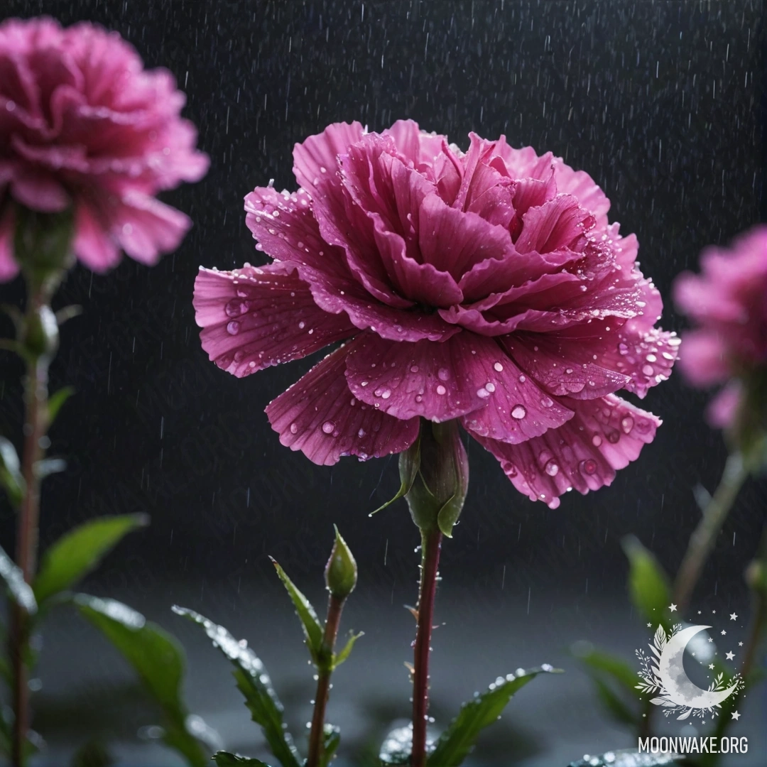 Гвоздика цвета фуксия в тумане и дожде ночью, украшенная блестками.