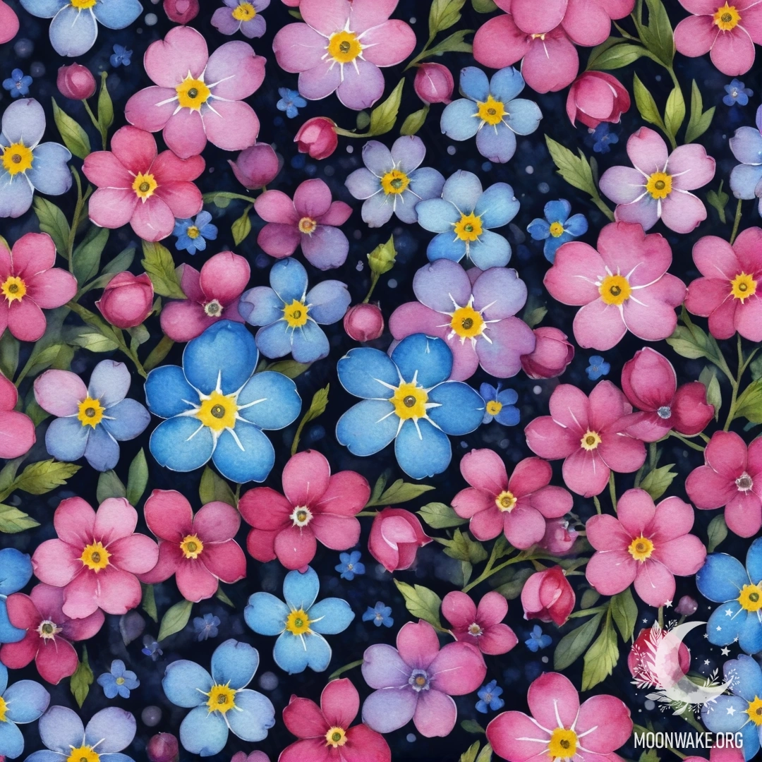 Акварельная картина с фуксиевыми незабудками на фоне ночи.